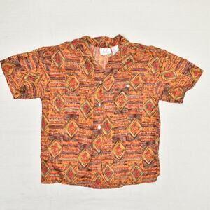 Kithie Lee Women's Button Up Top Short Sleeve Geometric Silk Multicolor Size M